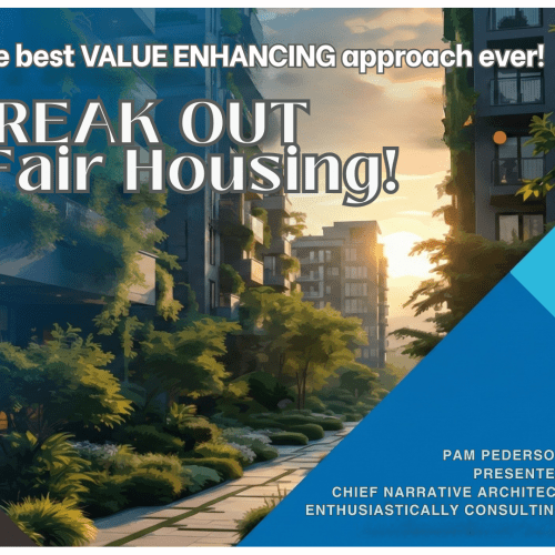 Promotional graphic for the webinar "Don't FREAK OUT About Fair Housing" featuring the title text and illustrative housing icons.